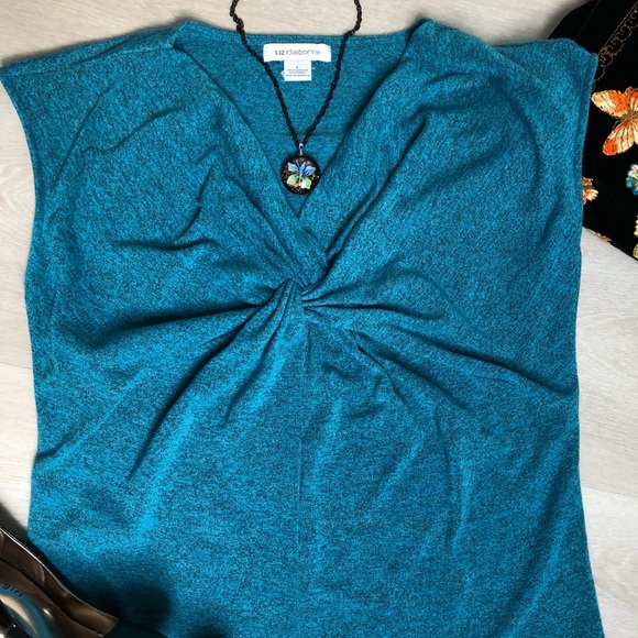 Liz Claiborne Teal Twist Front V-Neck Top Size Large - Picture 2 of 5